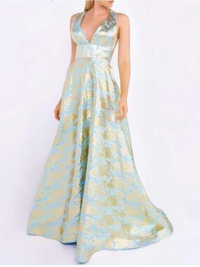 Mac Duggal Gold and Light Blue V-Neck Jacquard Gown